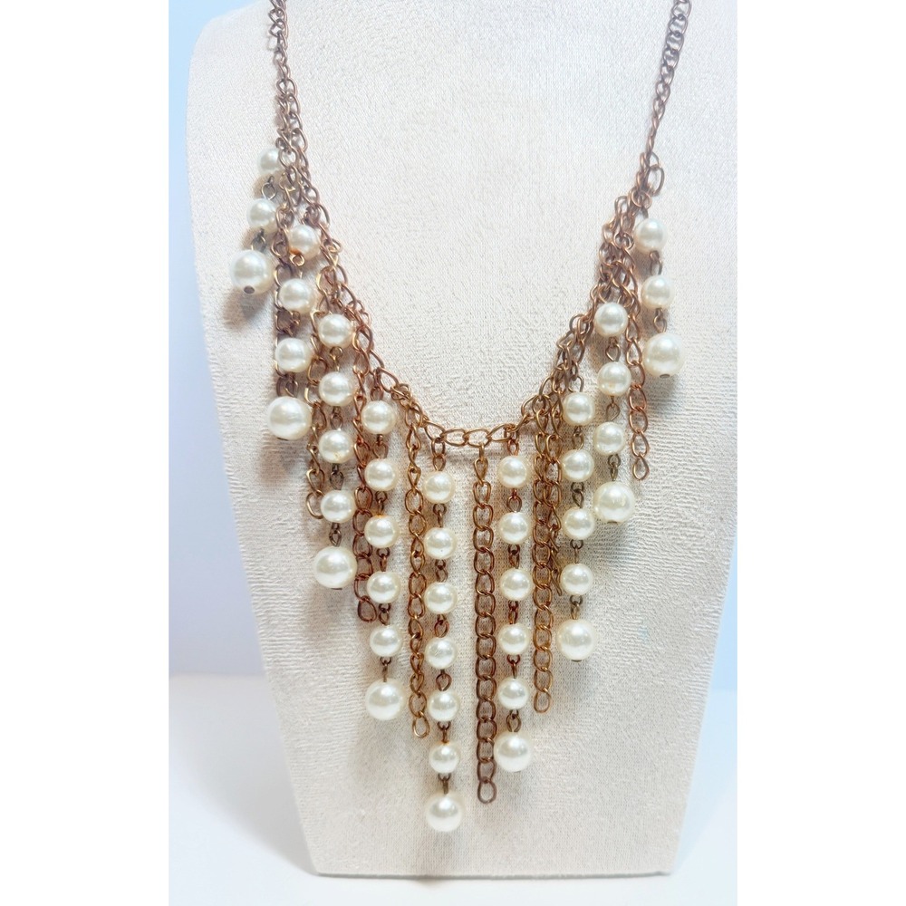 Vintage Copper Tone Faux Pearl Fringe Bib Statement Necklace 18-20"